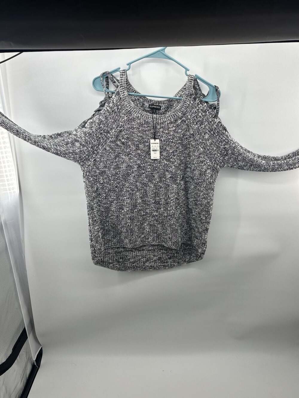 Express Cold Shoulder Sweater Size M Black White Marled Knit Pullover